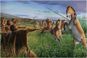 cazadores atacando a manada de caballos con lanzas cónicas