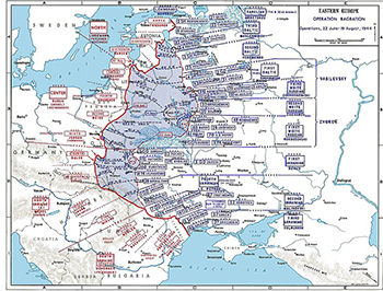 plano de la operación Bagration donde se aprecia el estrecho pasillo conseguido por la operación Doppelkopf (al oeste de Riga) - fuente: US Army, dominio público