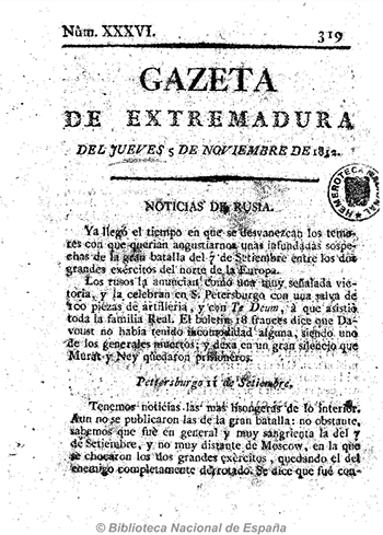 Gazeta de Extremadura. Imagen de la Hemeroteca Nacional.