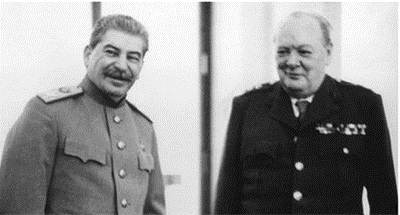 Fotografía de Churchil y Stalin en actitud amistosa. Foto de Dominio Público
