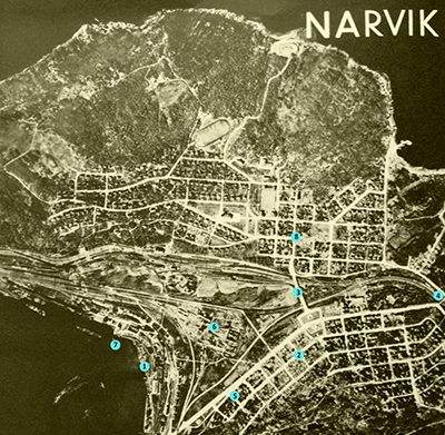 Fotografía aérea de Narvik de la época sobre la que hemos indicado la ubicación aproximada de las escenas (si es necesario).