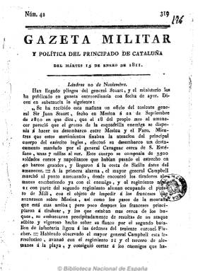 Cabecera de la  Gazeta militar y poltica del Principado de Catalua. Hemeroteca Nacional. Imagen de Dominio Pblico