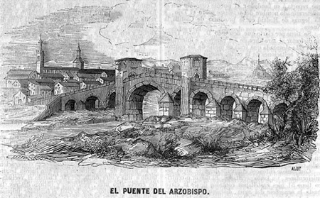 Puente del Arzobispo de Toledo. Fuente: Seminario Pintoresco Nacional, de los fondos digitales de la Biblioteca de la Junta de Castilla y Len.