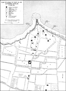 Plano de inteligencia sobre las posiciones alemanas en Pointe du Hoc. Pulsa para ampliar