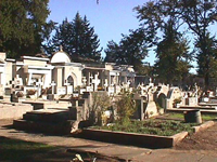 Imagen de un cementerio con pequeas lpidas y grandes panteones.