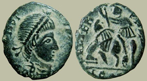 Moneda de bronce falsa. Acuada en Cunia. Segunda mitad del S. IV d.C.