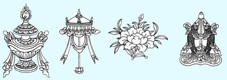 El jarrn precioso, el parasol, la flor de loto y los peces dorados