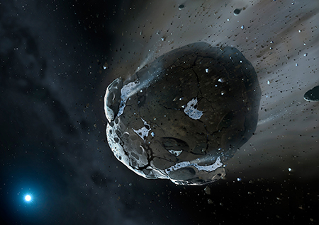 Artist's view of watery asteroid in white dwarf star system GD 61. Imagen artstica de un asteroide de agua en el sistema estelar de la enana blanca GD 61